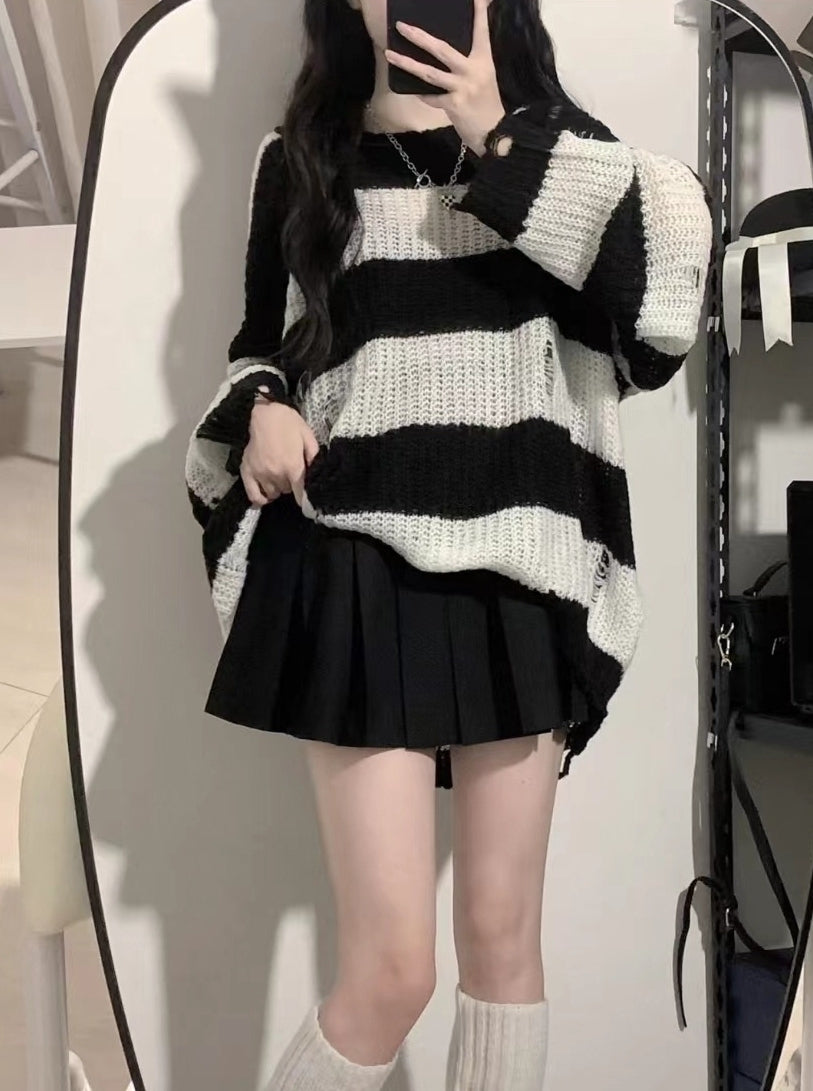 Black And White Striped Distressed Knit Sweater