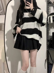 Black And White Striped Distressed Knit Sweater