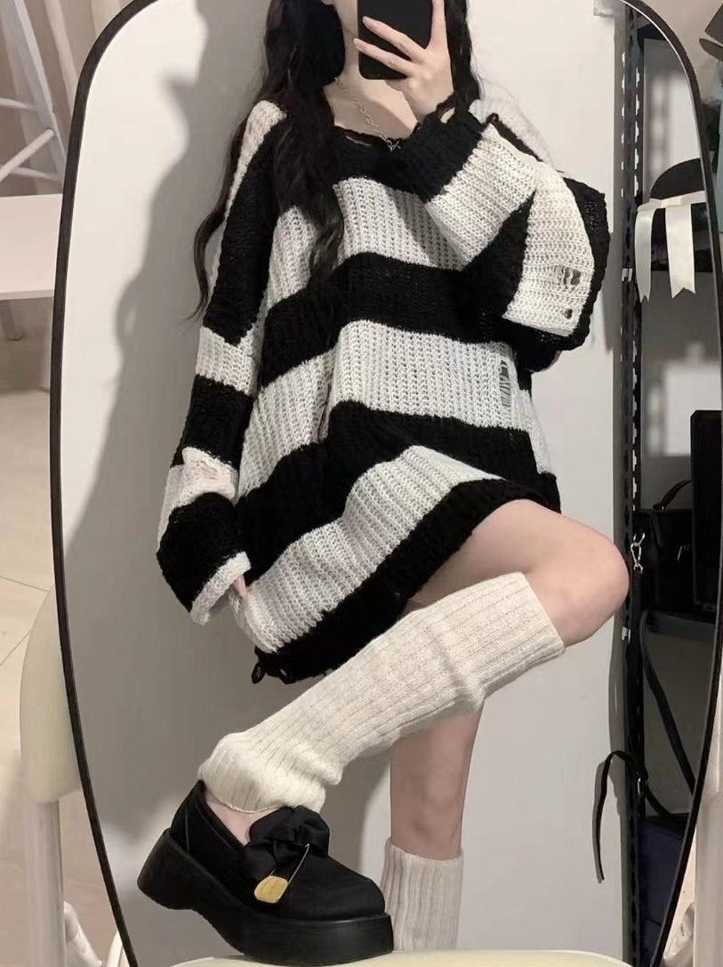 Black And White Striped Distressed Knit Sweater