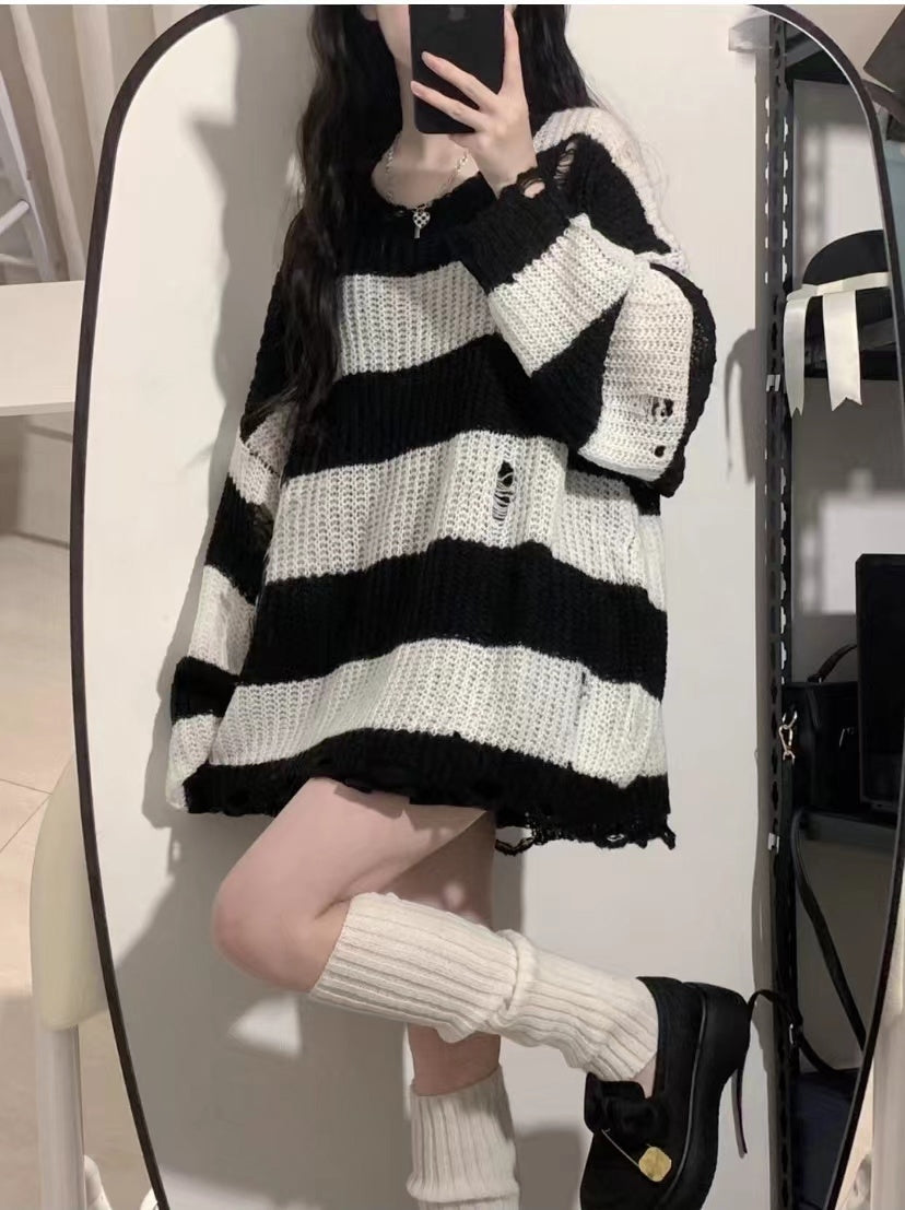 Black And White Striped Distressed Knit Sweater