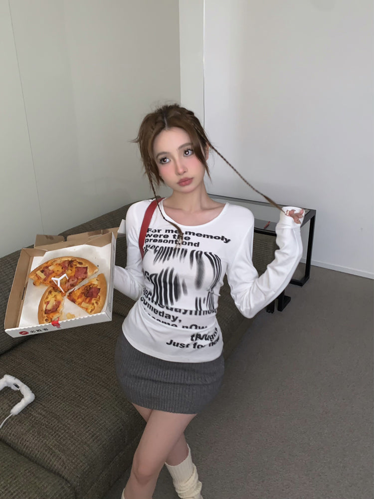 White Distorted Text Long Sleeves T-Shirt