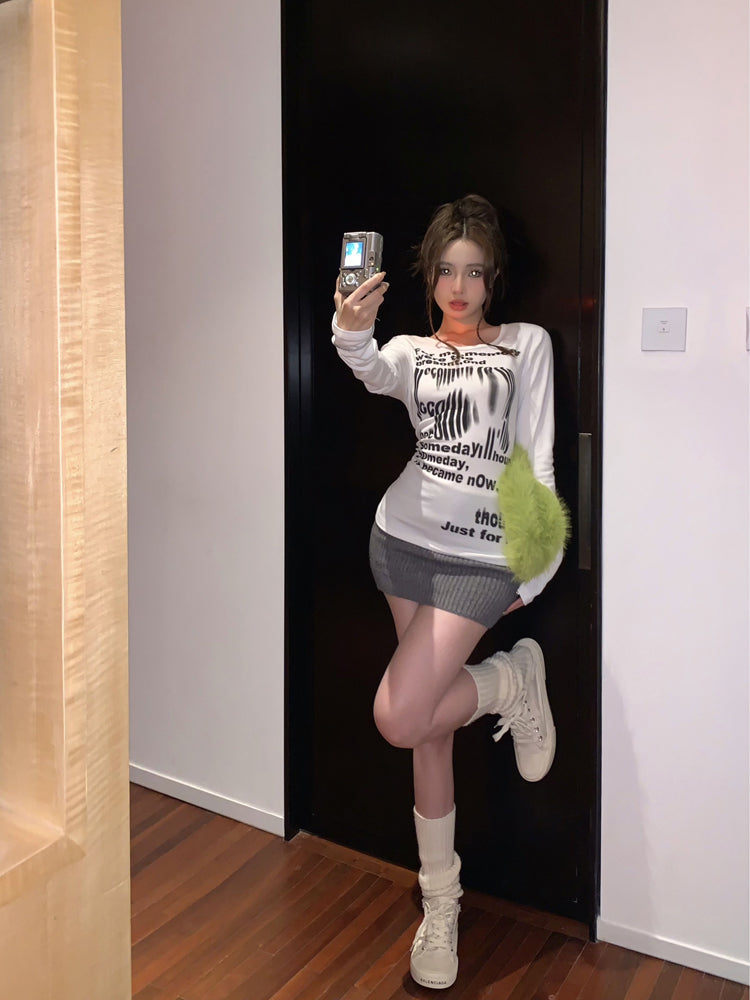 White Distorted Text Long Sleeves T-Shirt