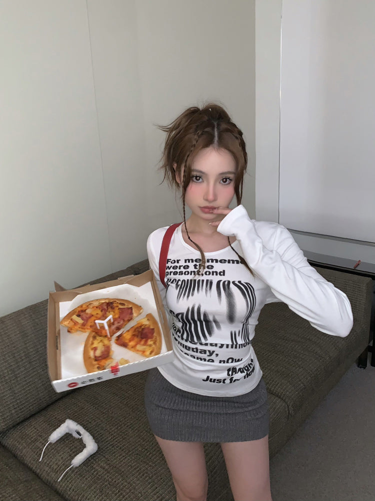 White Distorted Text Long Sleeves T-Shirt