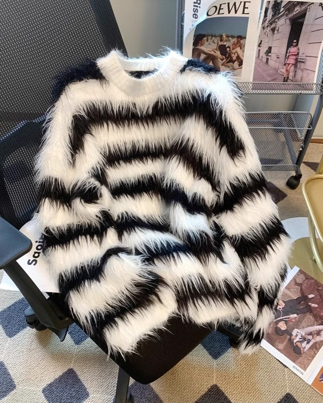 Black And White Stripes Fur Sweater