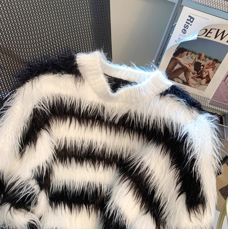 Black And White Stripes Fur Sweater