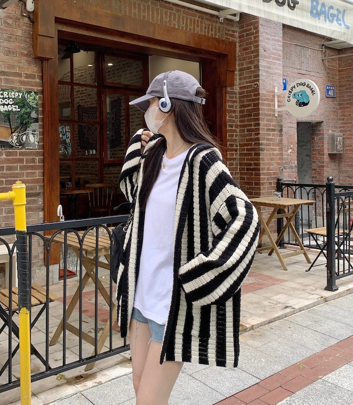 Black And White Stripes Hooded Cardigan