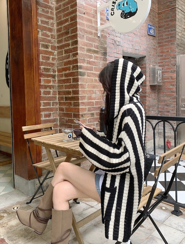 Black And White Stripes Hooded Cardigan