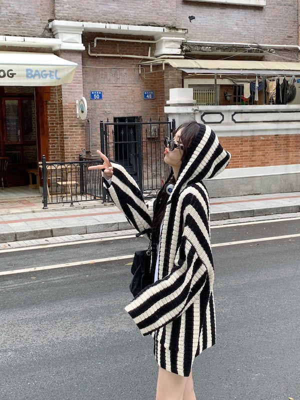 Black And White Stripes Hooded Cardigan