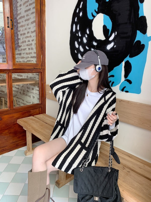 Black And White Stripes Hooded Cardigan