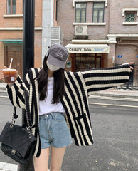 Black And White Stripes Hooded Cardigan