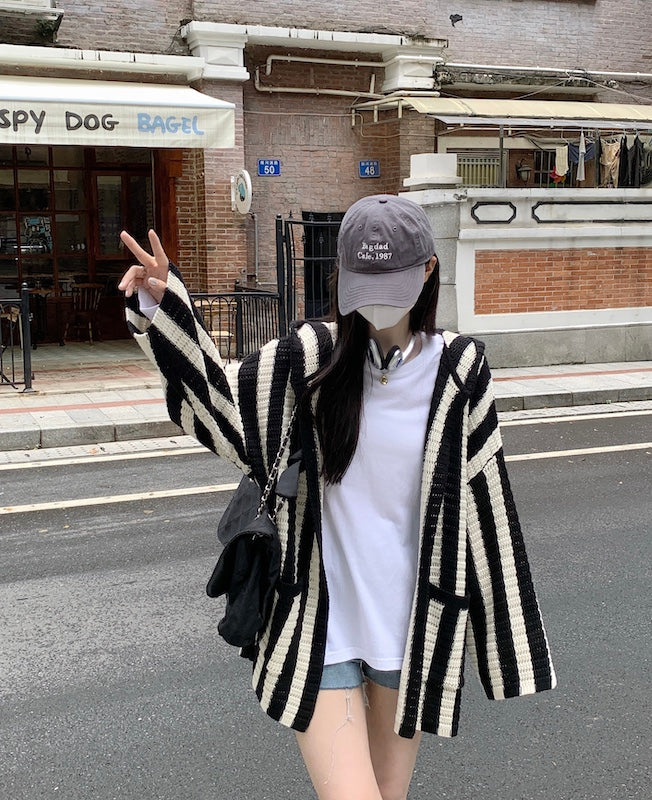 Black And White Stripes Hooded Cardigan