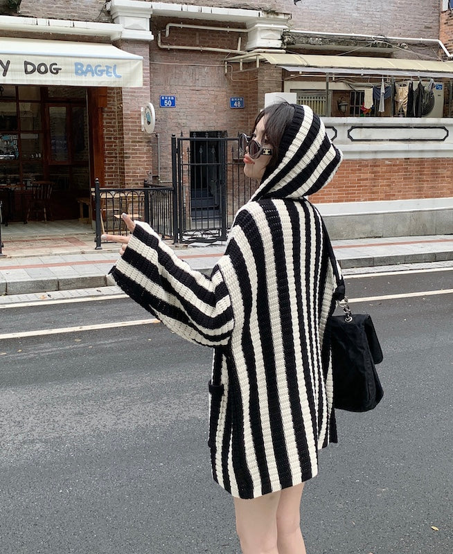 Black And White Stripes Hooded Cardigan