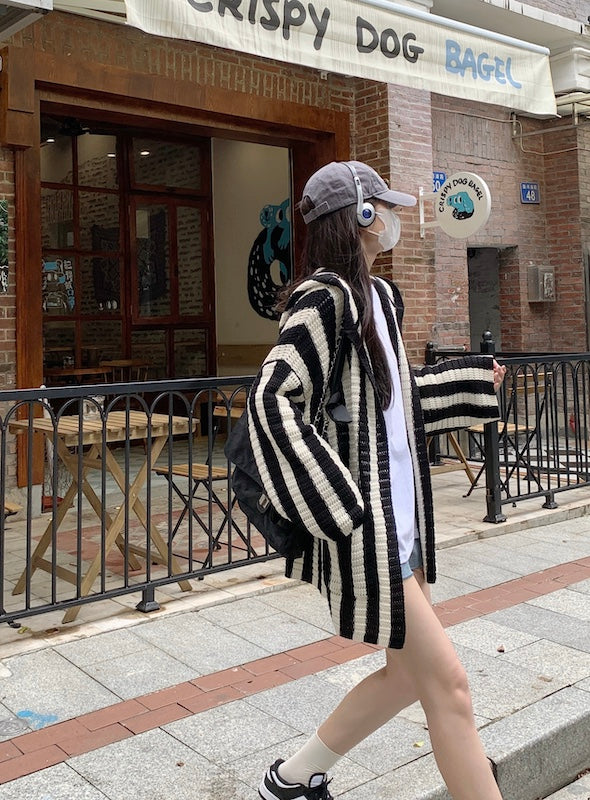 Black And White Stripes Hooded Cardigan