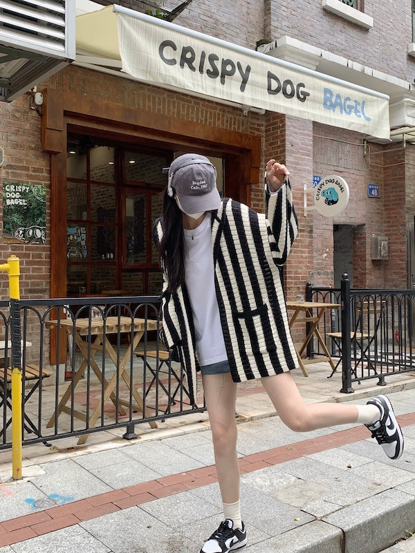 Black And White Stripes Hooded Cardigan