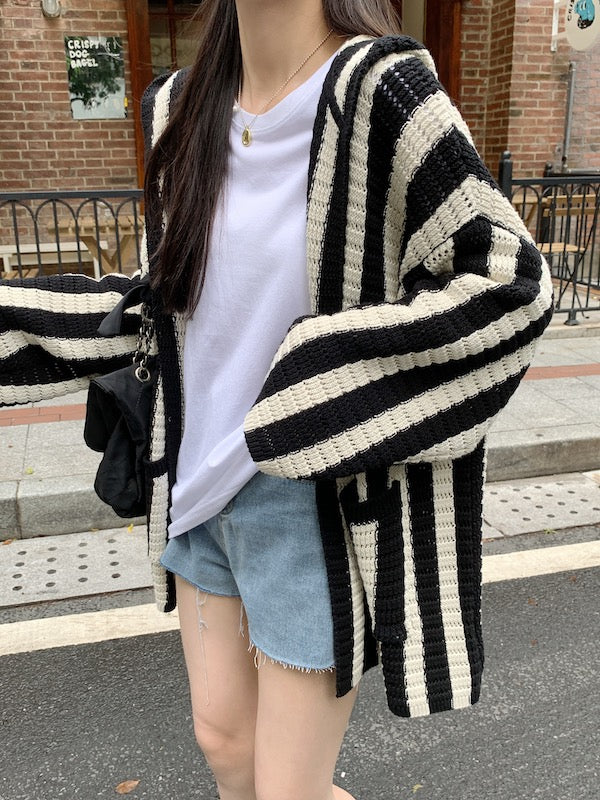Black And White Stripes Hooded Cardigan