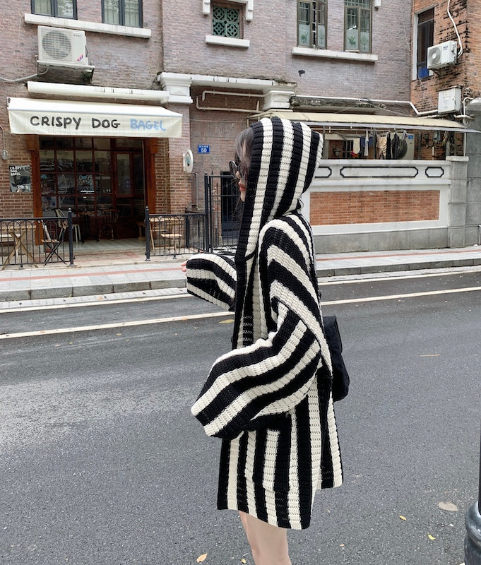 Black And White Stripes Hooded Cardigan