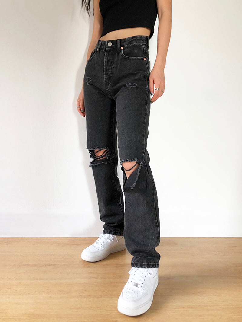 Black Asymmetric Ripped Jeans