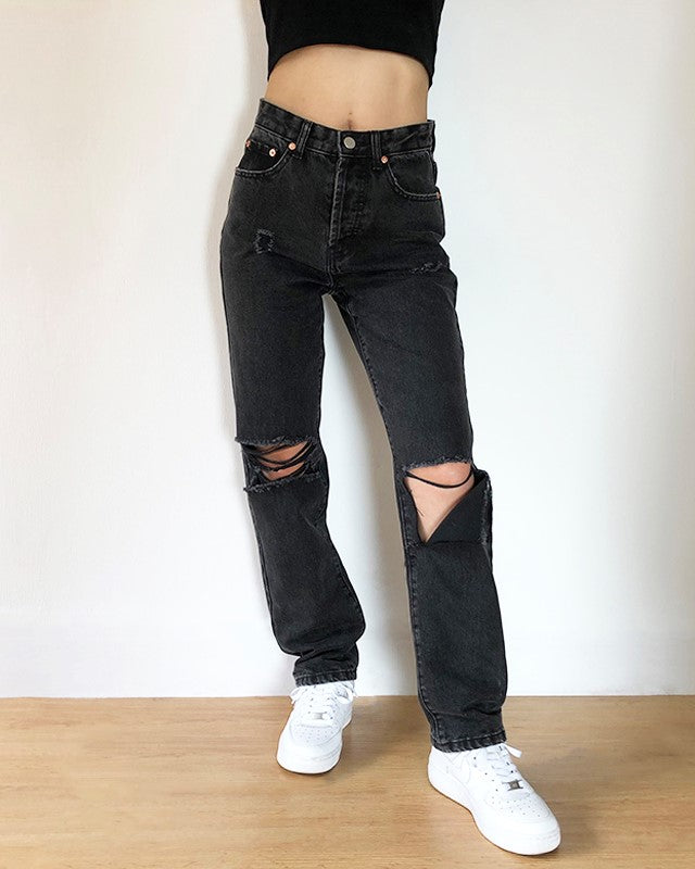 Black Asymmetric Ripped Jeans
