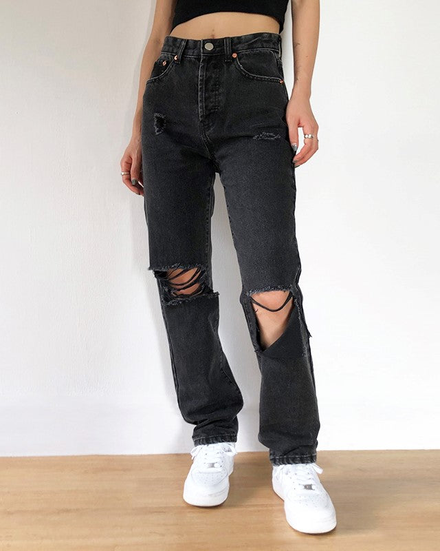 Black Asymmetric Ripped Jeans