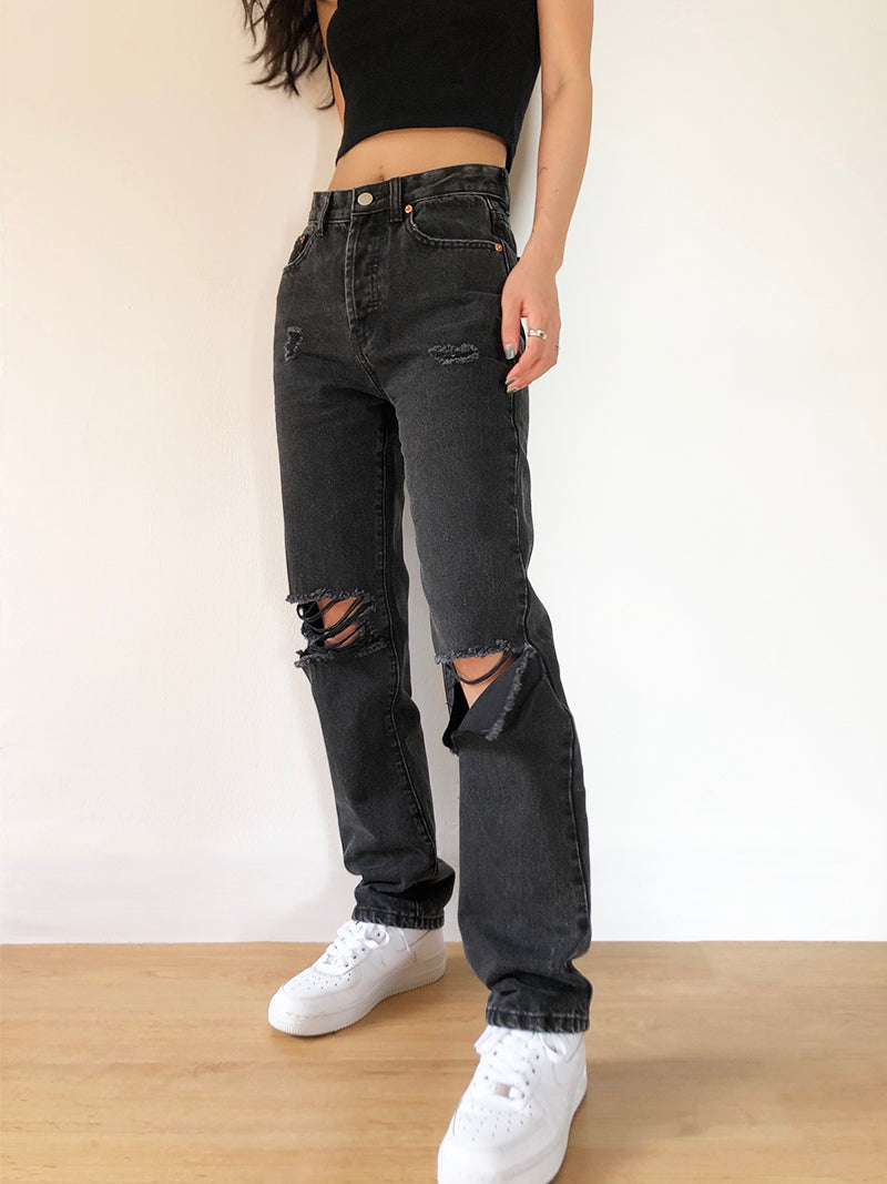 Black Asymmetric Ripped Jeans