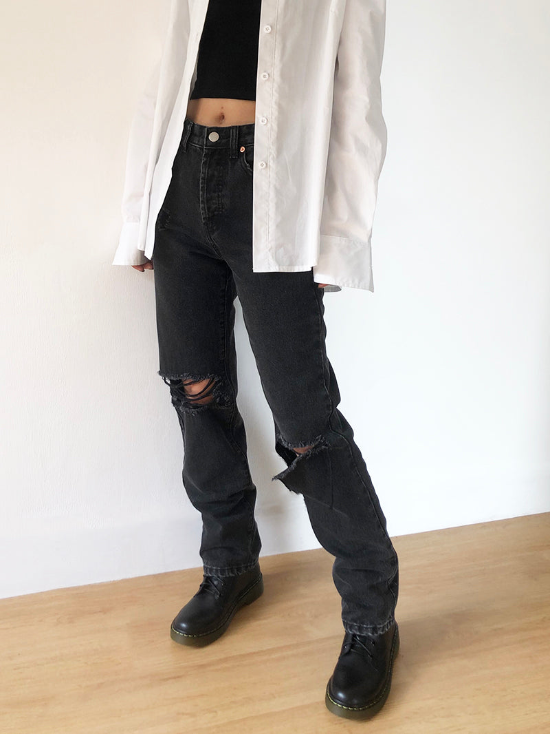 Black Asymmetric Ripped Jeans