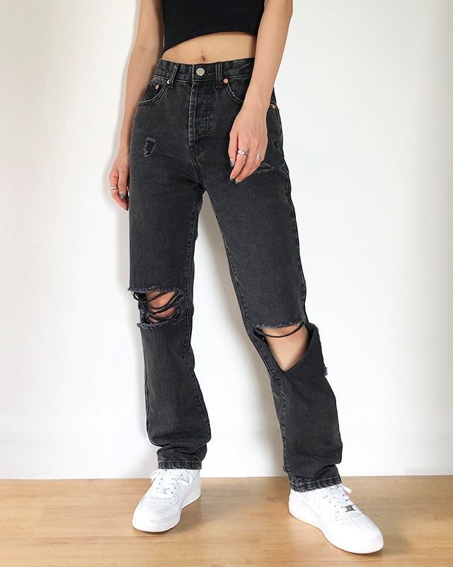 Black Asymmetric Ripped Jeans