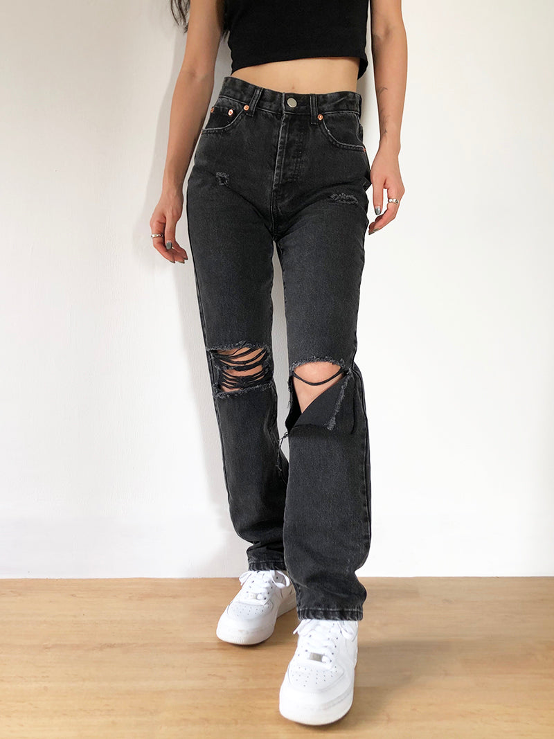 Black Asymmetric Ripped Jeans