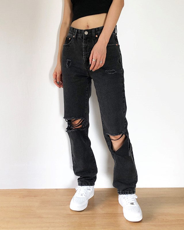 Black Asymmetric Ripped Jeans