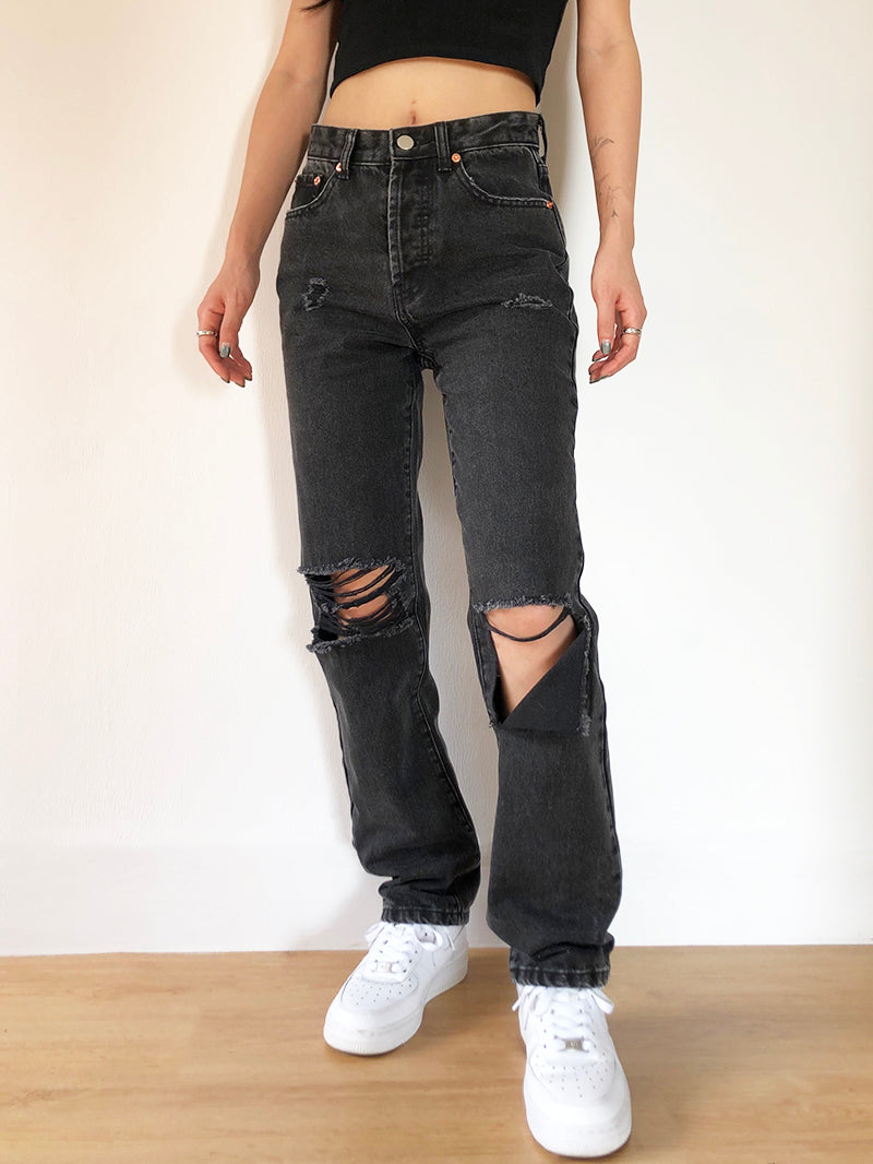 Black Asymmetric Ripped Jeans