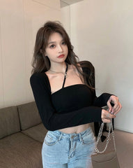 Black Asymmetric Strap Long Sleeve Top