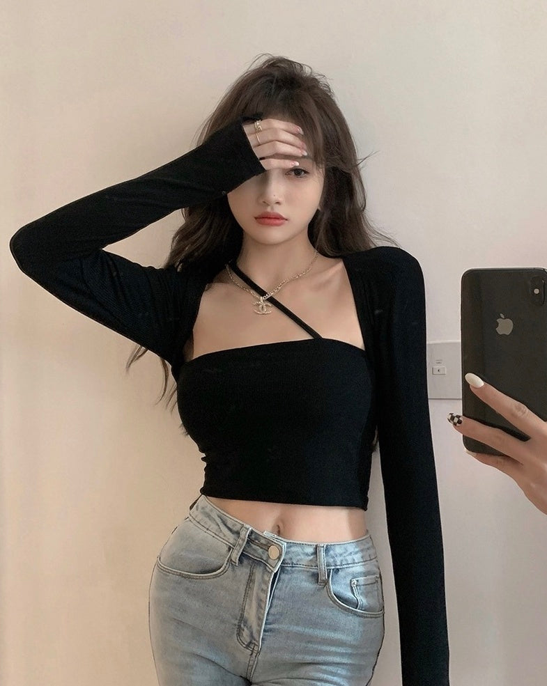 Black Asymmetric Strap Long Sleeve Top