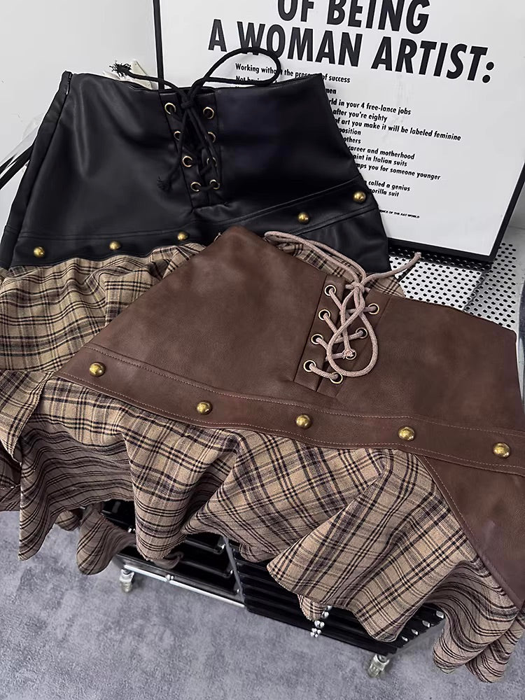 Black Asymmetrical Plaid Faux Leather Skirt
