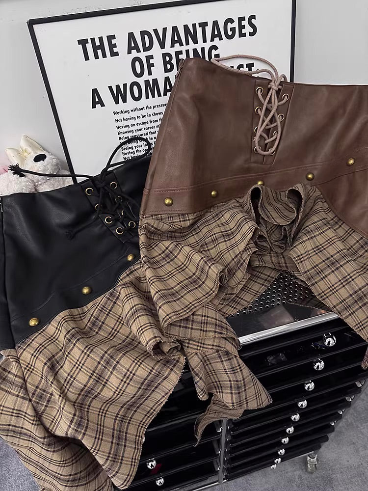 Black Asymmetrical Plaid Faux Leather Skirt