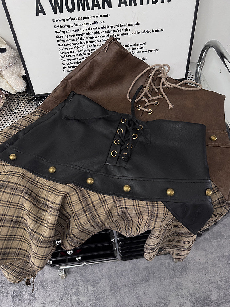 Black Asymmetrical Plaid Faux Leather Skirt