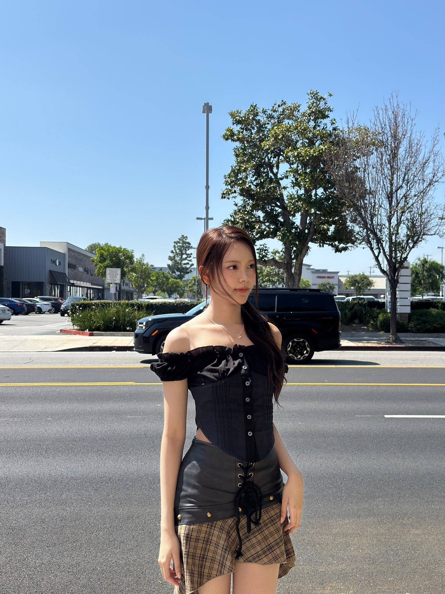 Black Asymmetrical Plaid Faux Leather Skirt
