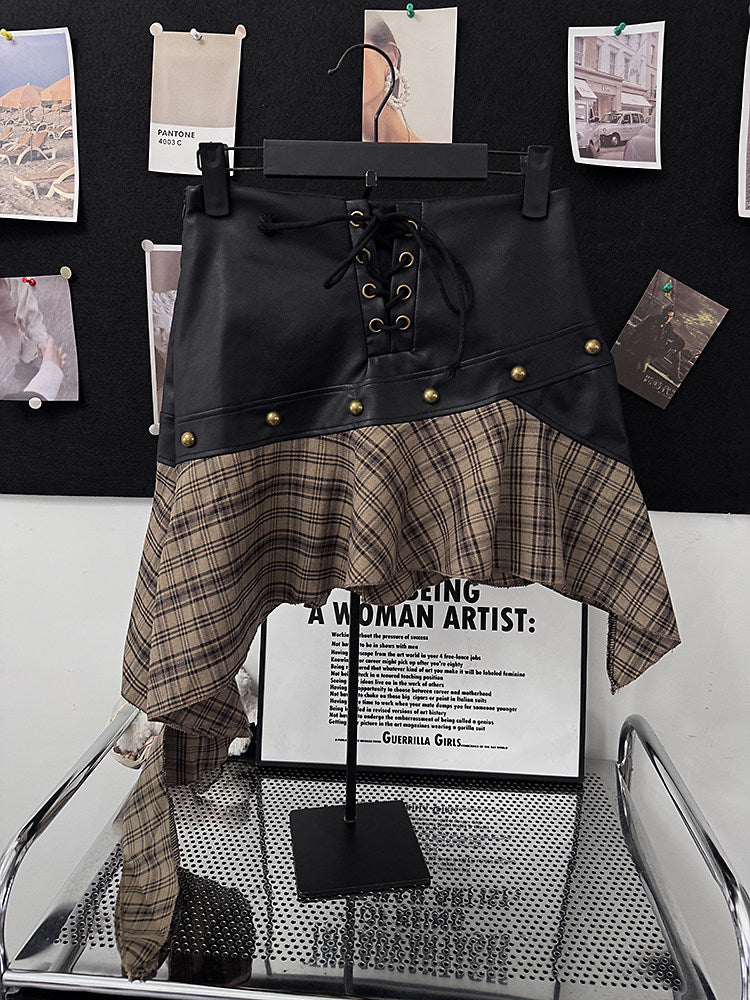 Black Asymmetrical Plaid Faux Leather Skirt