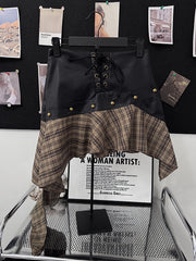 Black Asymmetrical Plaid Faux Leather Skirt