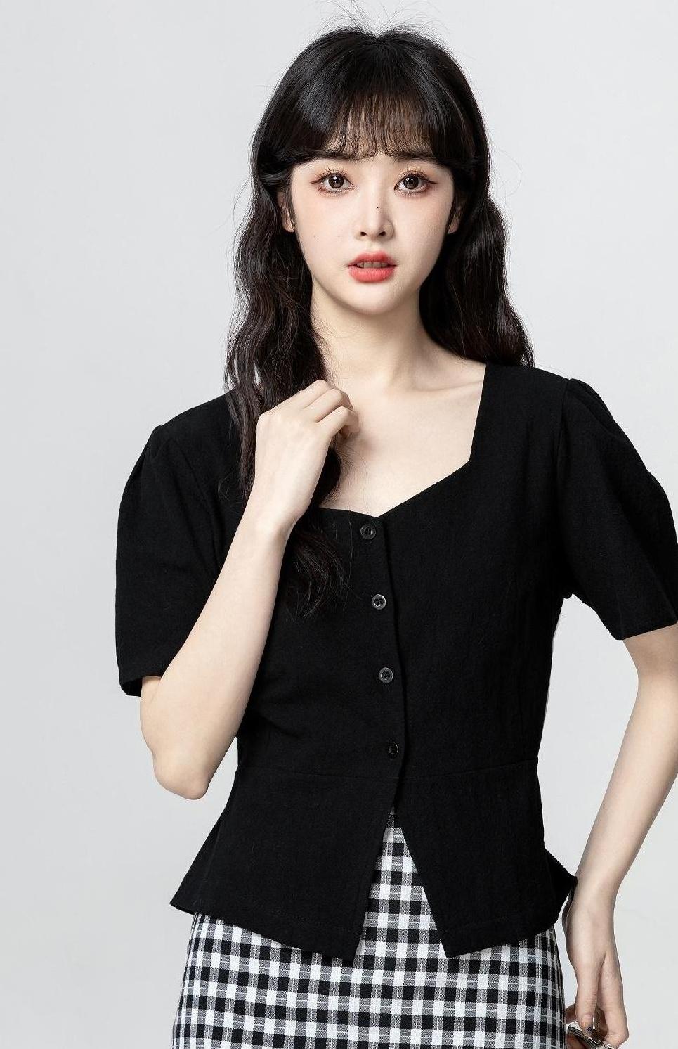 Black Asymmetrical Split Short Sleeve Top