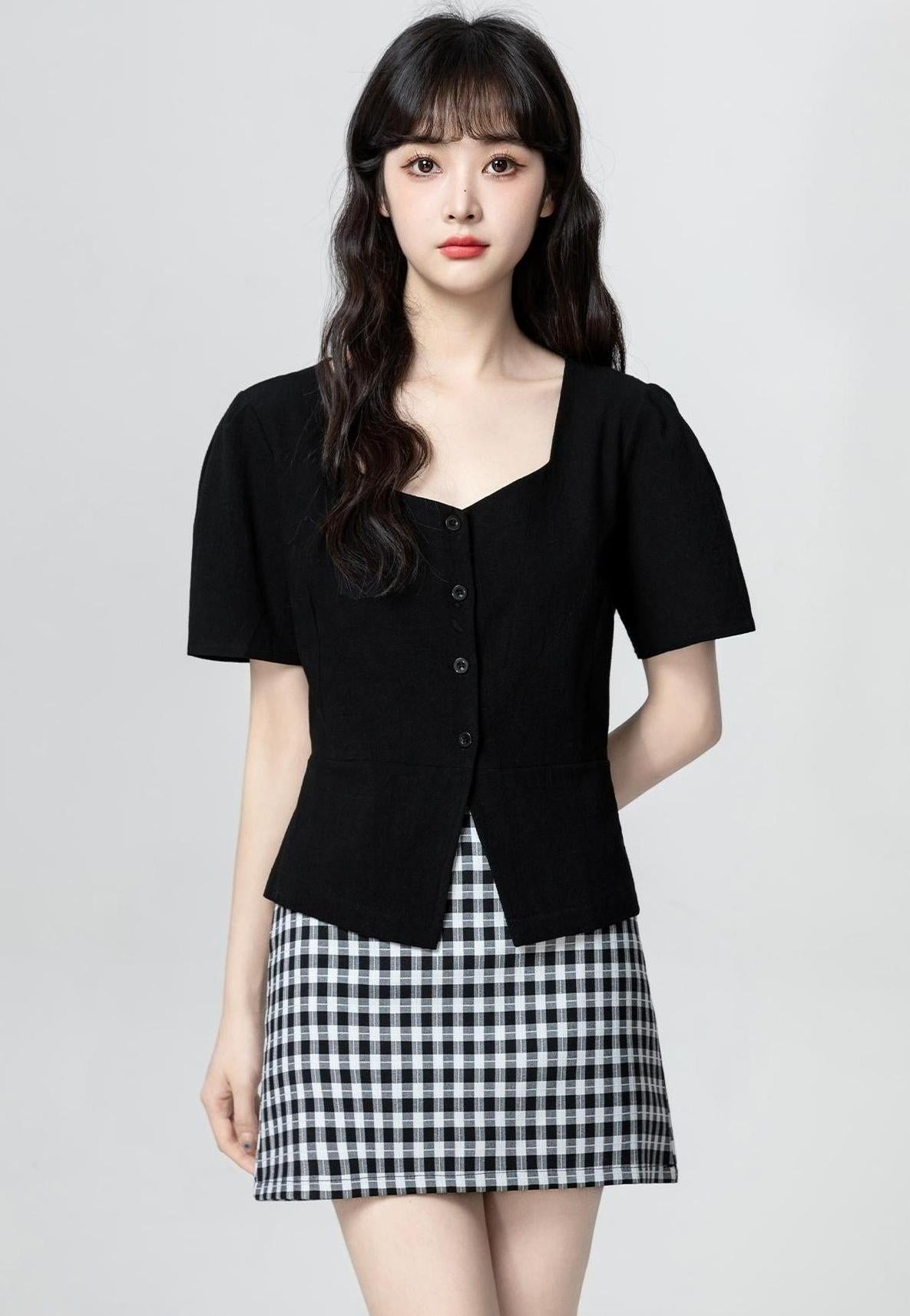 Black Asymmetrical Split Short Sleeve Top