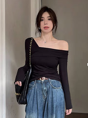Black Asymmetrical Wrap Off-Shoulder Top