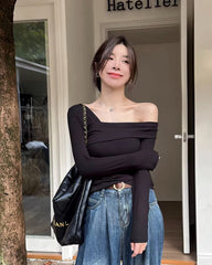 Black Asymmetrical Wrap Off-Shoulder Top