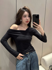Black Asymmetrical Wrap Off-Shoulder Top