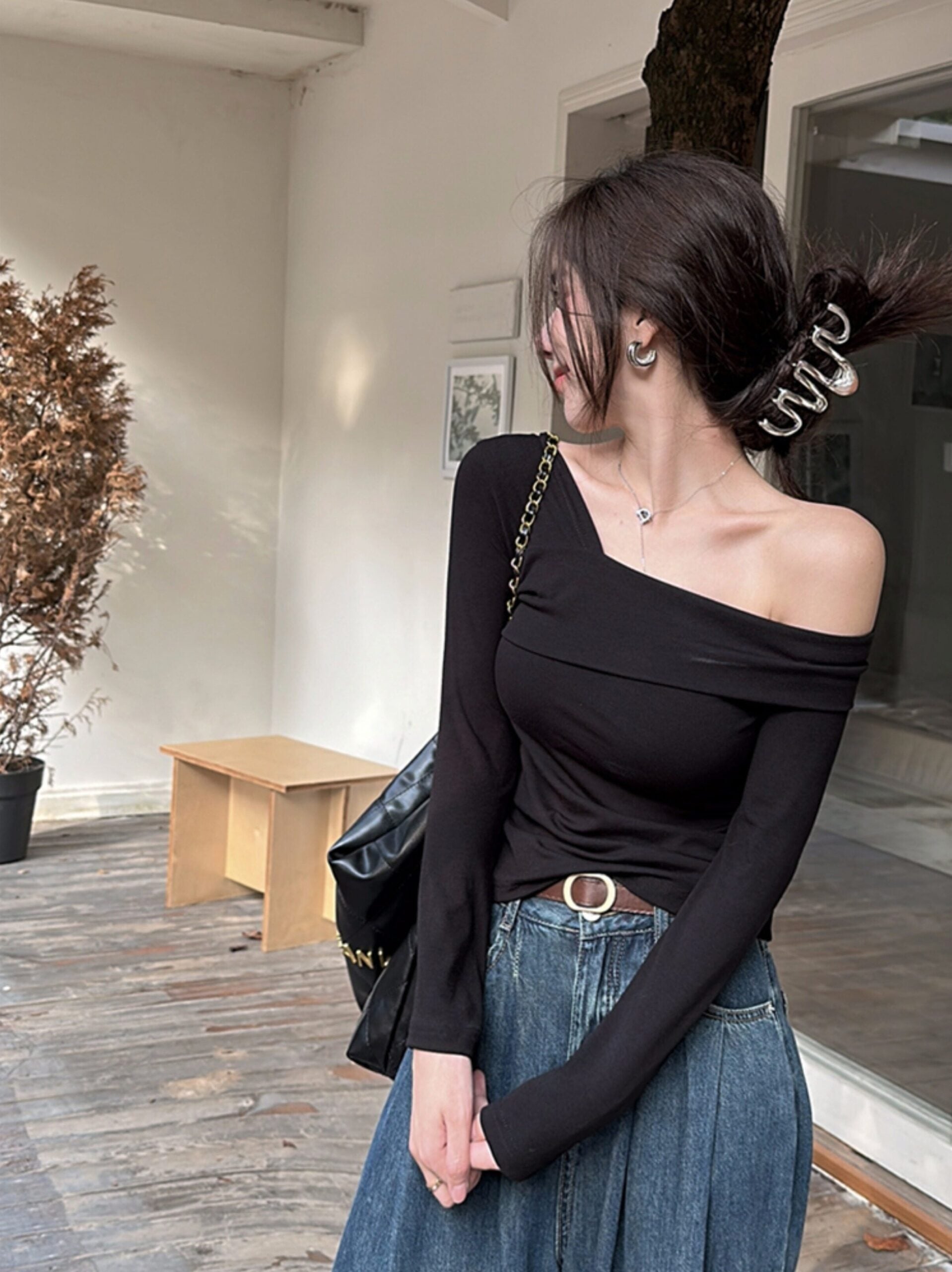 Black Asymmetrical Wrap Off-Shoulder Top