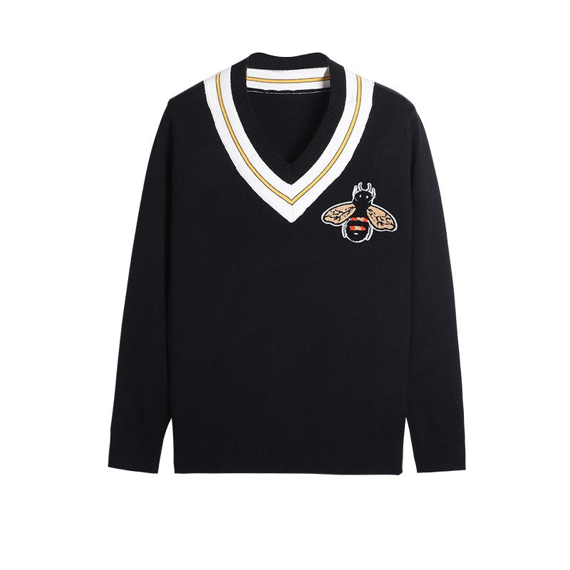 Black Bee Embroidered V-Neck Sweater