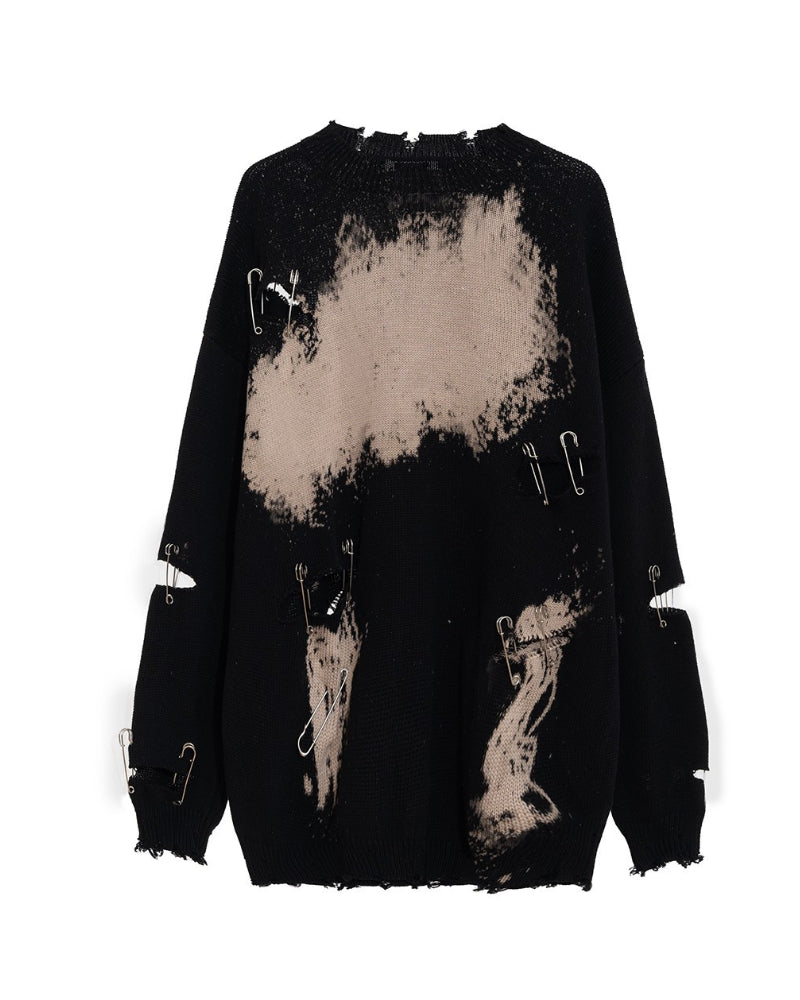 Black Bleached Tie-Dye Sweater with Pin Accents