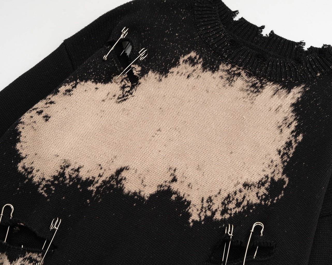 Black Bleached Tie-Dye Sweater with Pin Accents