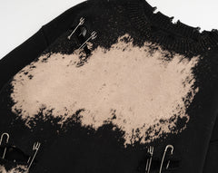 Black Bleached Tie-Dye Sweater with Pin Accents