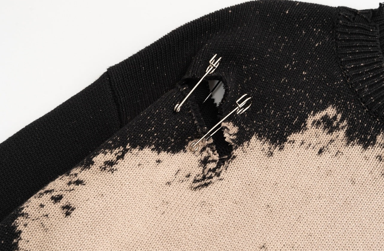Black Bleached Tie-Dye Sweater with Pin Accents