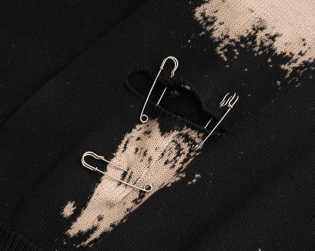Black Bleached Tie-Dye Sweater with Pin Accents