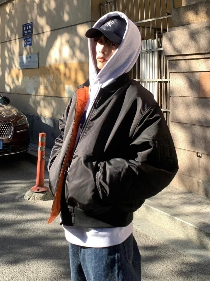 Black Bomber Jacket With Inner Orange Lining